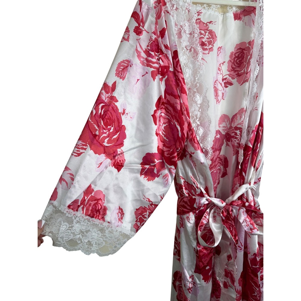 Amoureuse Women 4X Pink Rose Floral Satin Robe Lace Trim Long Nightwear 34/36 - Picture 2 of 6